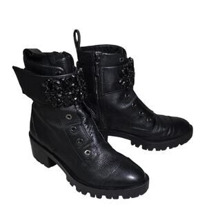 Karl Lagerfeld Paris Pippa Black Leather Jeweled Strap Combat Boots Womens 6